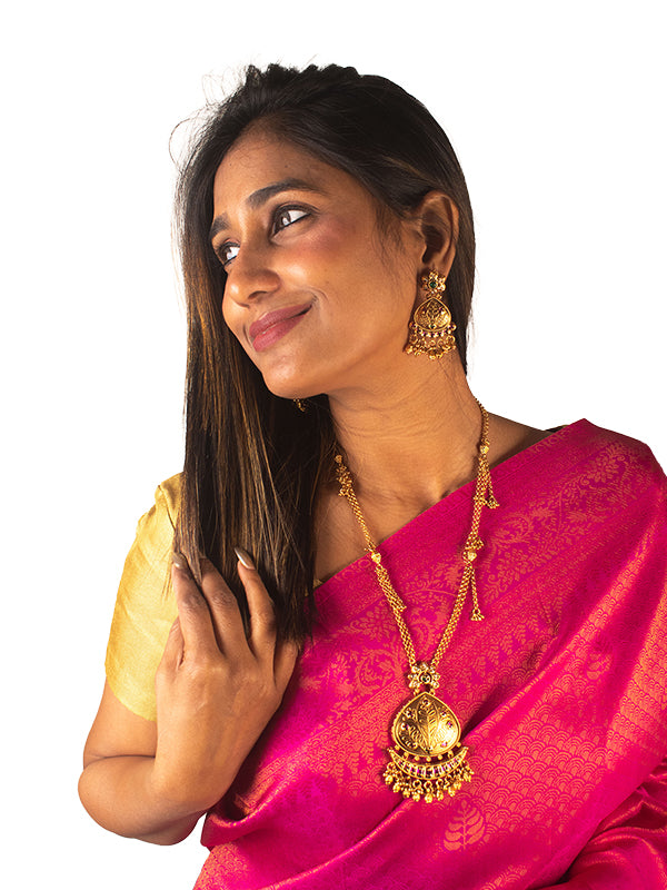 Long Golden Necklace | Golden Pendant with Green and Purple Stones