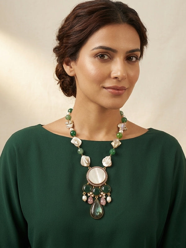 Long pearl and beads necklace set | necklace with green, white, and pink stones