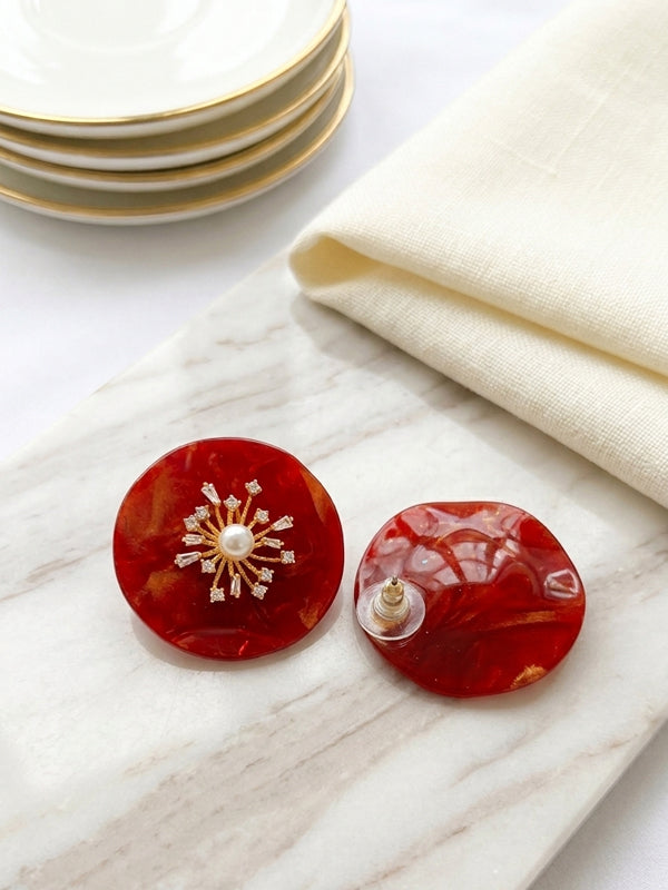 Marbled Red Round Studs with Pearl Starburst 