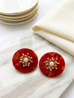 Load image into Gallery viewer, Marbled Red Round Studs with Pearl Starburst | Stylish Stud for Women
