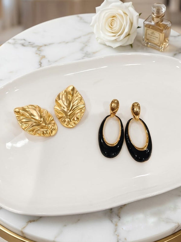 Metallic gold leaf studs & oval drop earrings combo