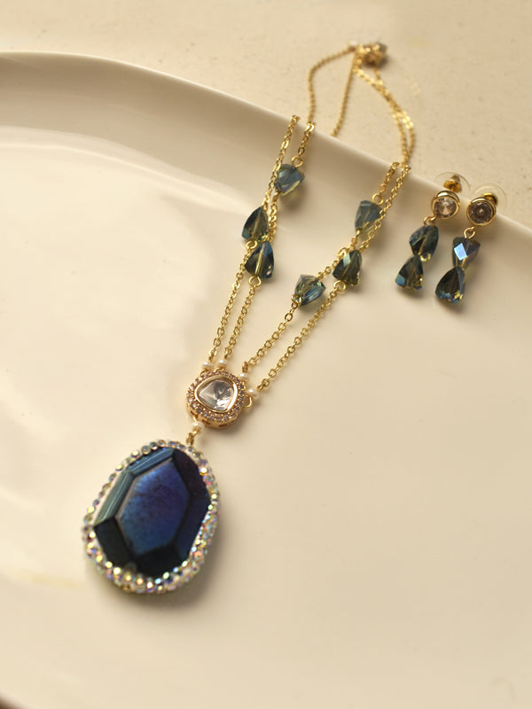 Midnight Blue Geode Crystal Pendant Necklace | Celestial Blue Raw-Cut Agate Statement Drop Necklace