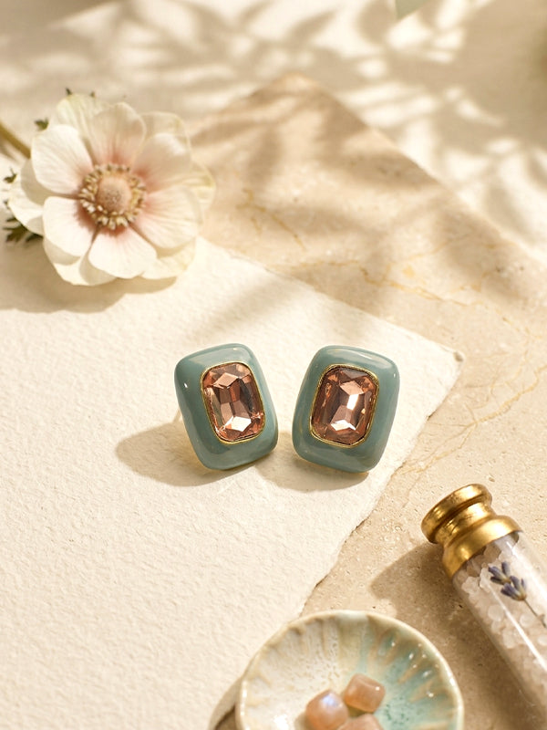 Minimalist Mod Geometric Studs | Earrings with Green and Golden Accents 
