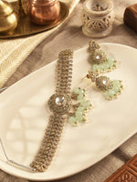 Load image into Gallery viewer, Mint Green Beads and Kundan Choker Necklace | Traditional Look Green Choker Set

