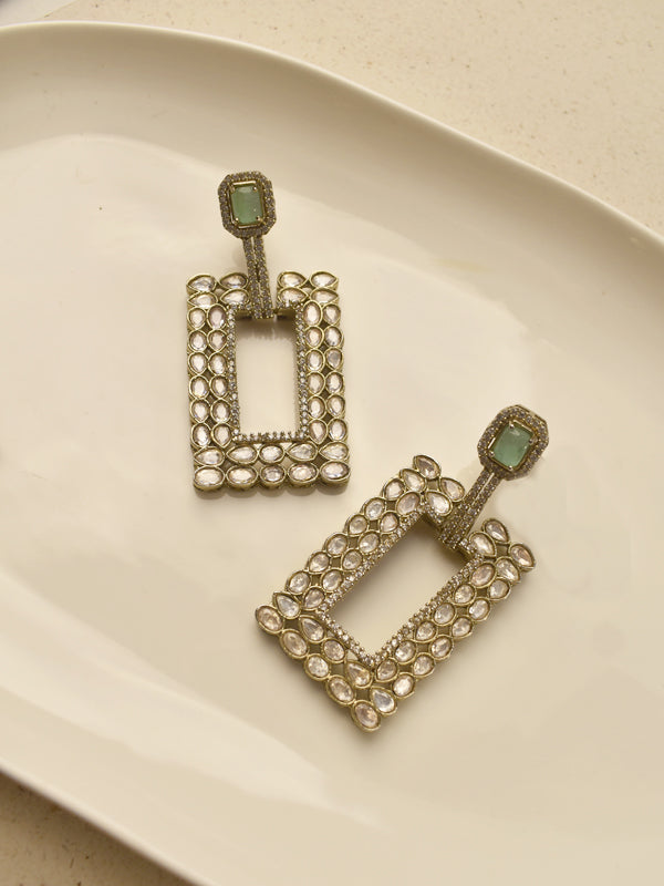 Mint green stone &celeste golden & mint geometric drop earrings