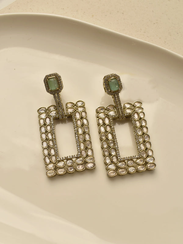 Mint Green Stone & Kundan Rectangular Drop Earrings | Celeste Golden & Mint Geometric Drop Earrings