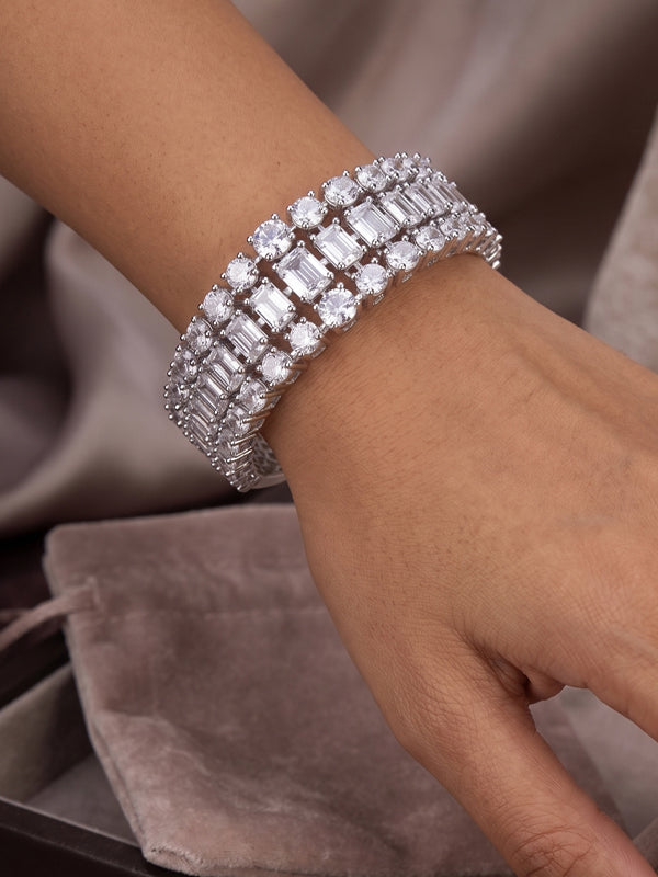 Multi-Row Diamond & Emerald-Cut Crystal Bracelet | High-Shine 3-row Silver tone Bracelet