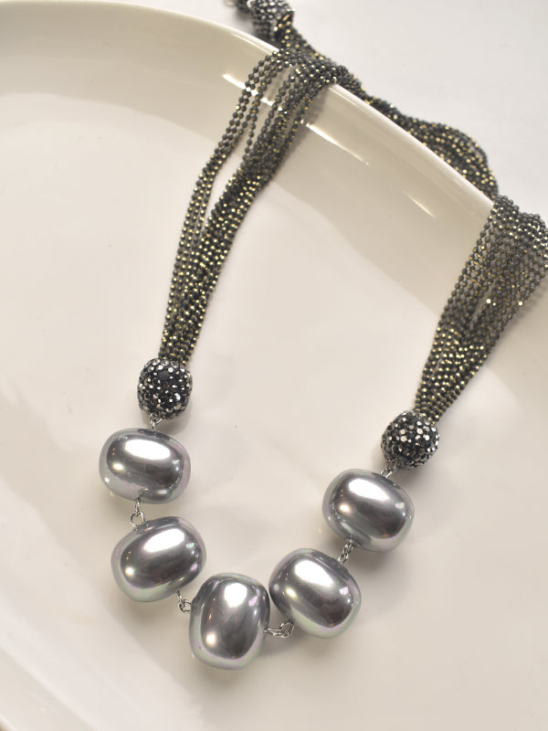 Multi-Strand Pearl Drop Necklace set | Gray Beaded Chain with Pearl Accent