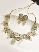 Load image into Gallery viewer, Necklace and earrings set with green and pink stones 
