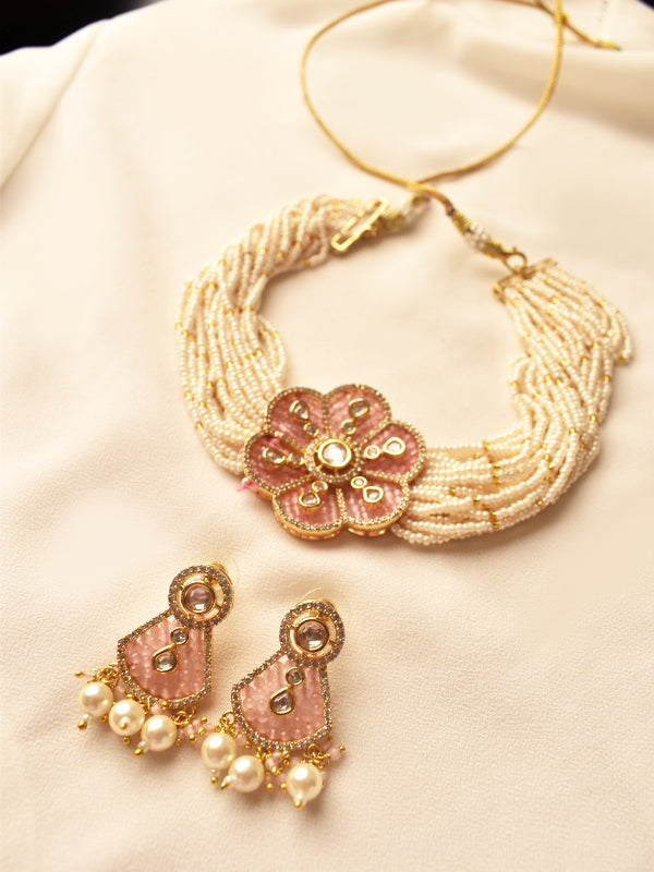  necklace set with pink floral design pendant 