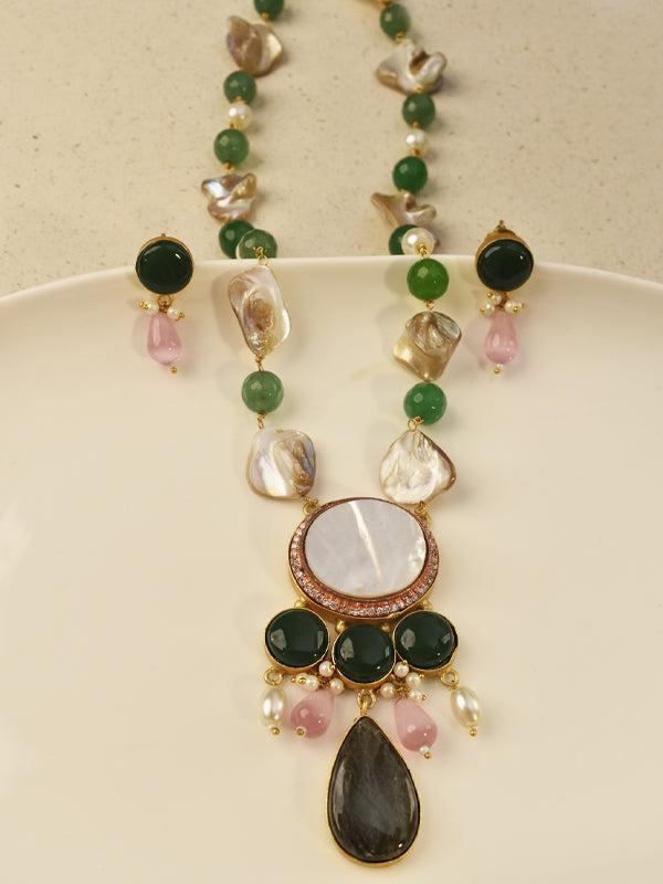 Necklace with Green, White, and Pink Stones 
