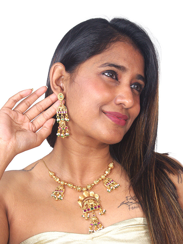  Necklace with Elephant Design Pendant | Golden Necklace with Pink and Green accents