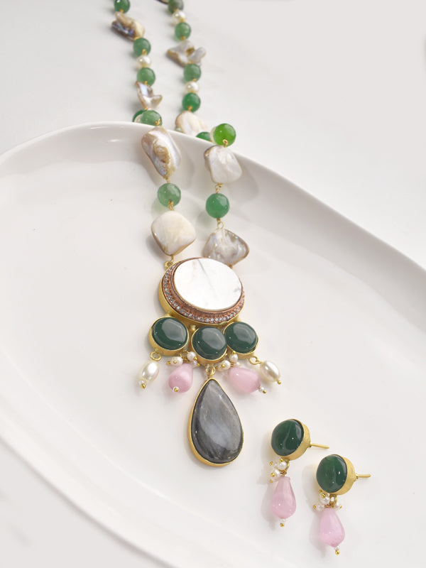 Necklace with Green, White, and Pink Stones 