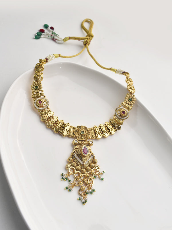 Necklace with Intricate Designs with Colorful stones and Green Beads.