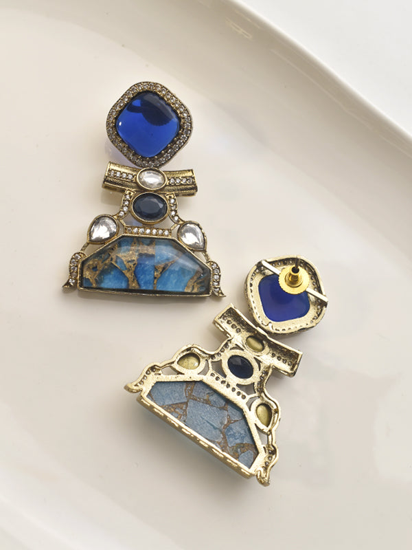 Ornate Blue Earrings with golden Design 