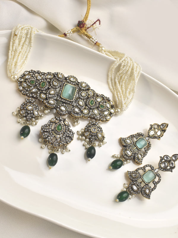 Ornate Choker set with Kundan and Green stones | Green Choker Set