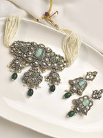 Load image into Gallery viewer, Ornate Choker set with Kundan and Green stones | Green Choker Set
