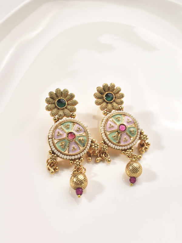 Ornate Earrings with gold, green, and pink ston