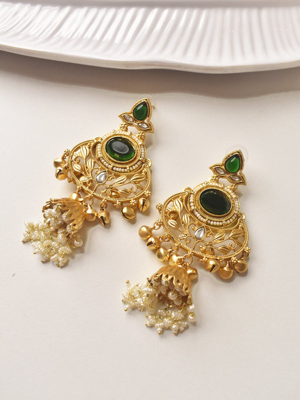 Ornate Golden Earrings with Green stones 