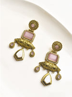 Load image into Gallery viewer, Ornate Golden Earrings with Pink Stones 
