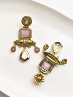 Load image into Gallery viewer, Ornate Golden Earrings with Pink Stones | Indo Western Pink Earring

