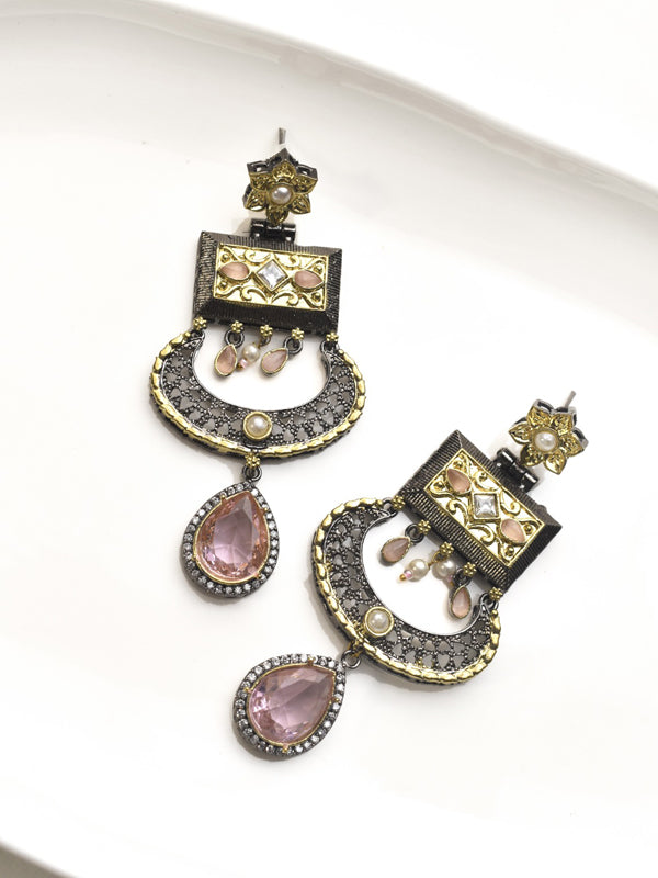 Ornate Golden Earrings with Pink Stones | Indo Western Pink Earring