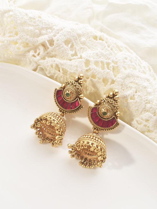 Ornate Golden Earrings with Red and Green accents 