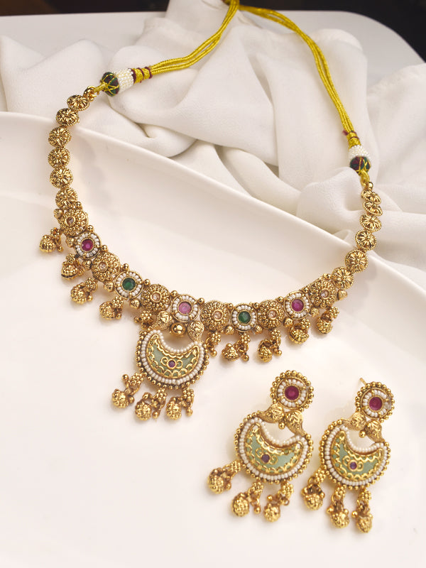 Ornate Golden Necklace with Colorful Stones 