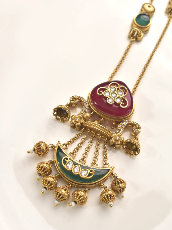 Ornate Golden Necklace with Red and Green Accents 