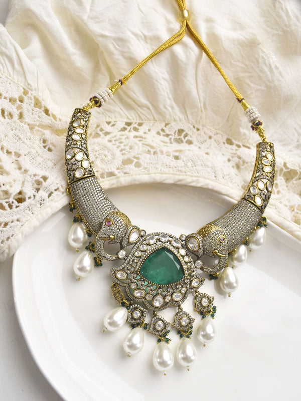 Ornate Necklace with Big Green Gemstone and Pearls 
