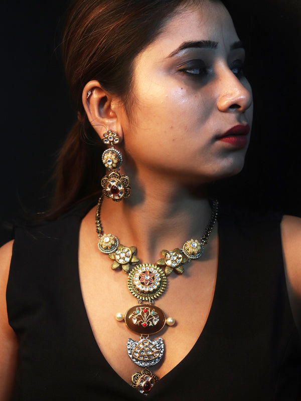 Ornate necklace with floral and circular designs | indo western long necklace set