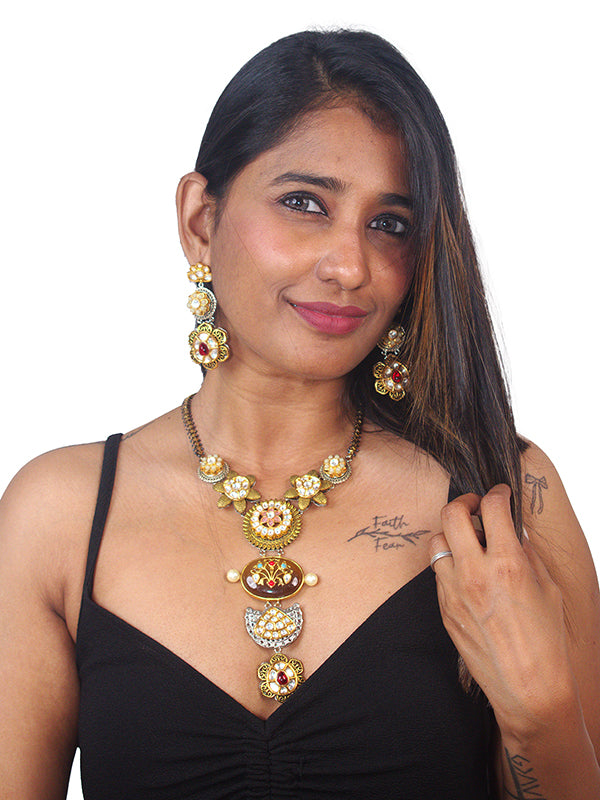 Ornate Necklace with Floral and Circular Designs | Indo Western Necklace Set