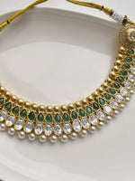 Load image into Gallery viewer, Ornate Necklace with Green Stones, Pearls, and Golden accents 
