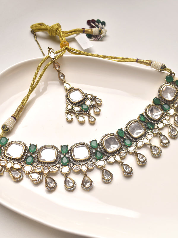Ornate Necklace with Green and White Stones 