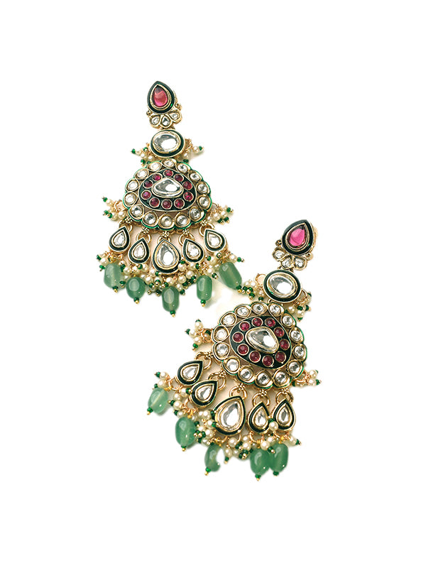 Ornate earrings with green stones and pink gemstones 