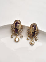 Load image into Gallery viewer, Ornate earrings with purple and golden design 
