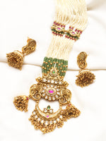Load image into Gallery viewer, Ornate golden Necklace with Green and pink Stones 
