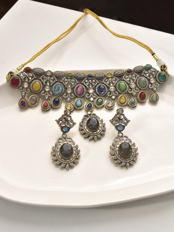 Ornate necklace with colorful gemstones 