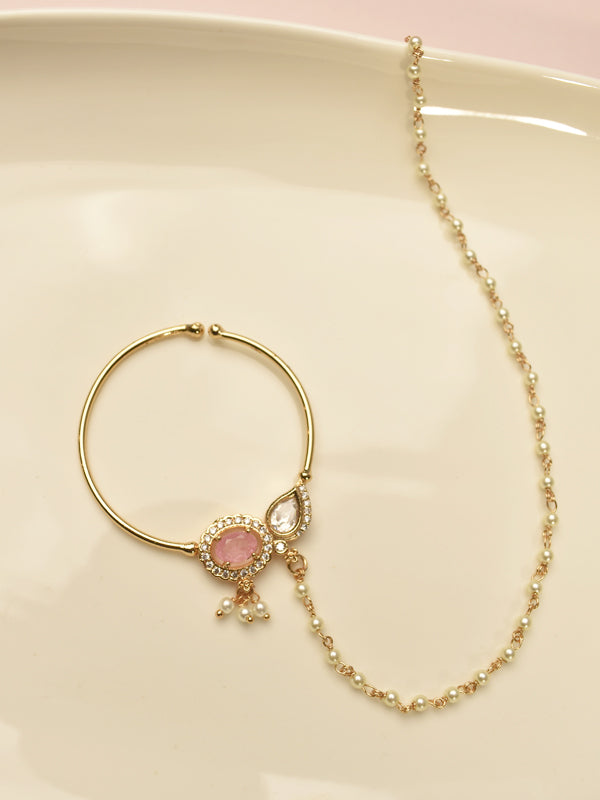Oval pink stone & teardrop kundan nose ring