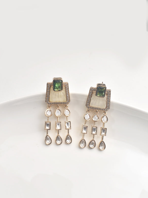 Pair of earrings with green gemstones and dangling crystals 