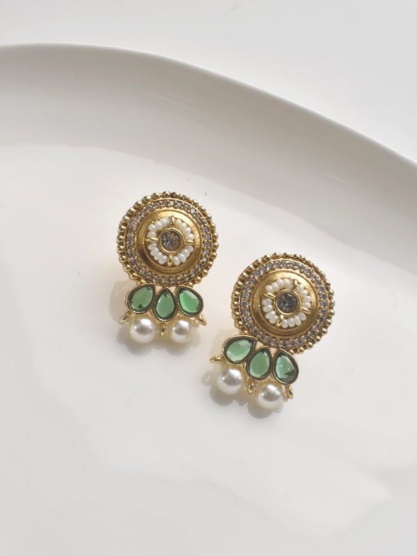 Pair of gold earrings with green and pearl accents