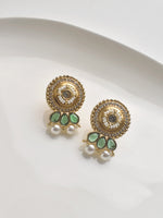 Load image into Gallery viewer, Pair of gold earrings with green and pearl accents
