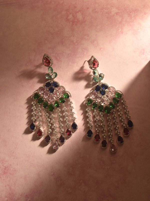 Pair of ornate earrings with multi colour gemstone