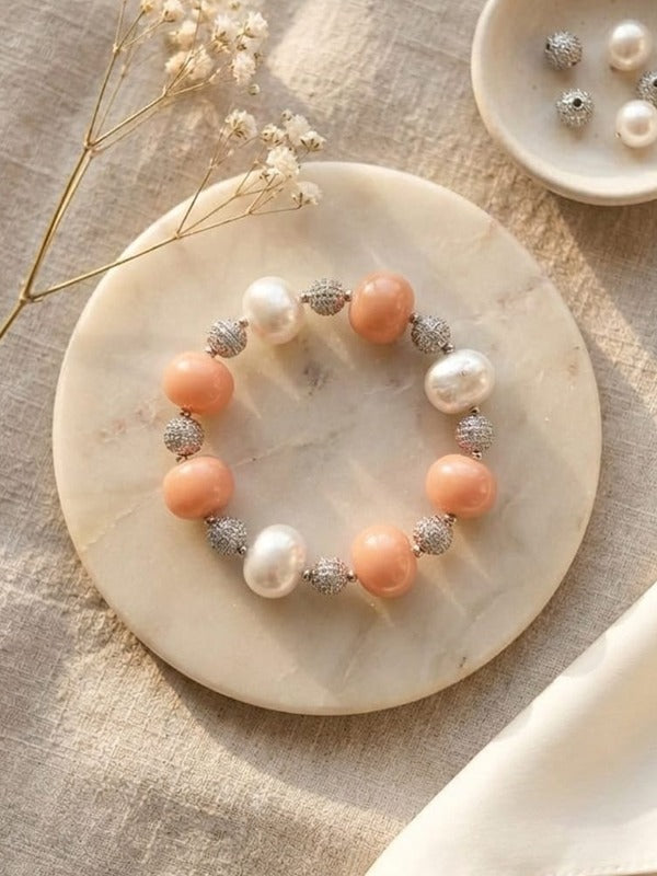  Peach & White Pearl Beaded Bracelet