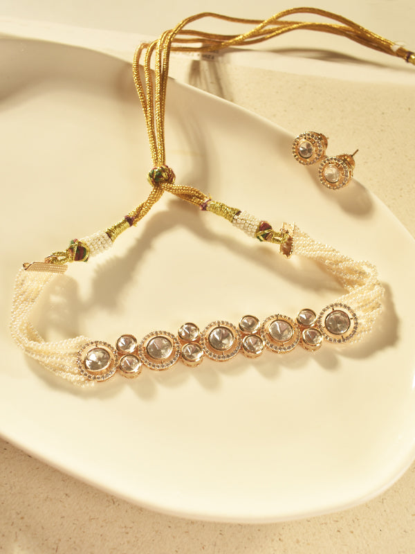 Pearl & Polki Choker Set | Kundan Necklace with multi-strand seed pearl bands