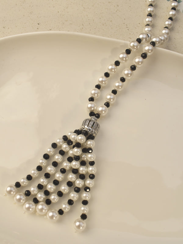 Pearl and Black Bead Tassel Necklace Set