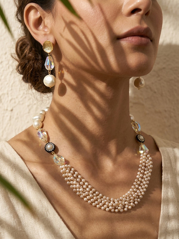 Pearl and Crystal Beaded Necklace with Gold-Toned Chain Links | Iridescent Crystal & Baroque Pearl Statement Necklace