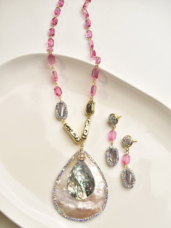 Pink Beads Mala With a Large Teardrop Pendant Set