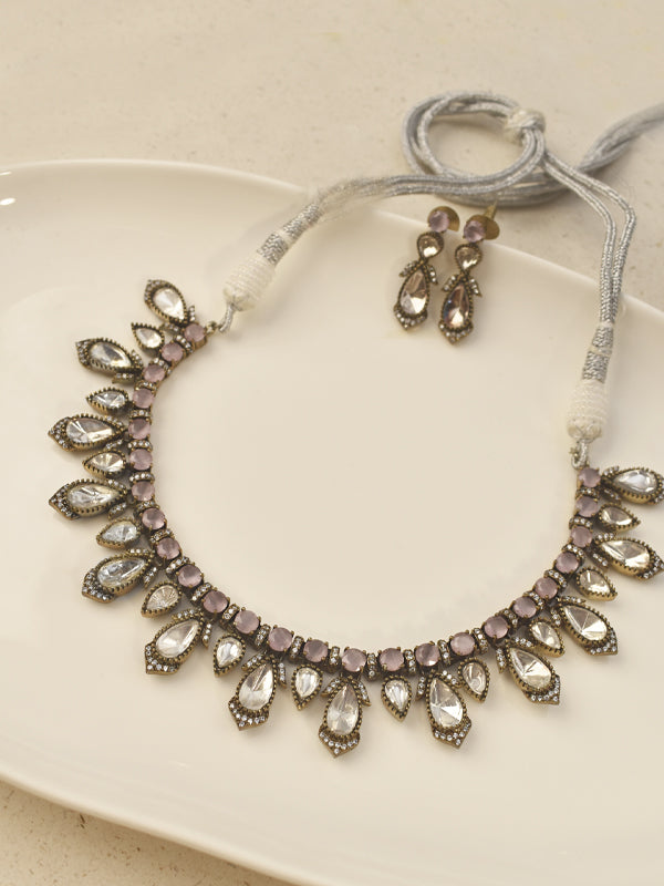 Pink and white Stone Necklace Set | White Kundan Necklace Set