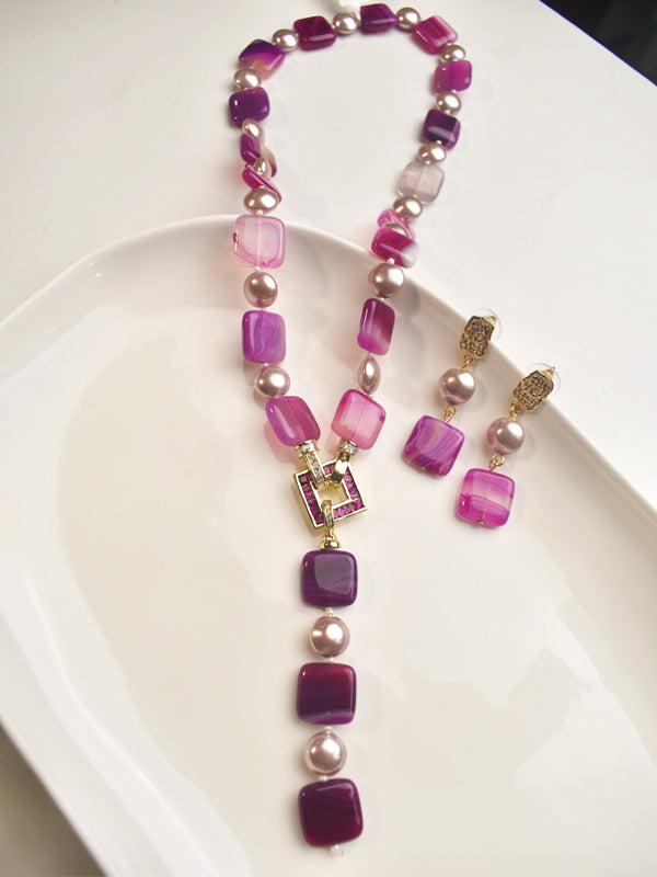 Purple and Pink Beaded Necklace Set